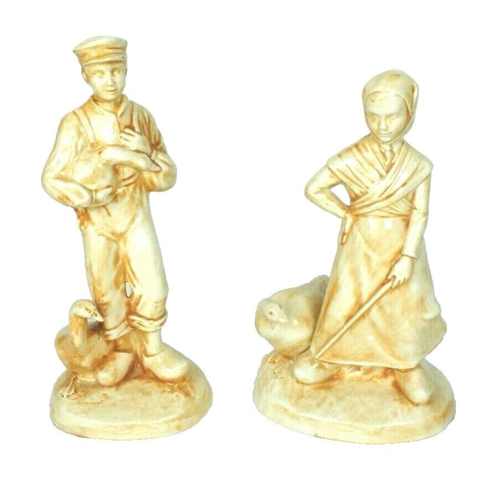 Vintage 70s Farmhouse Dutch Country Ceramic Figurines Boy & Girl with Geese